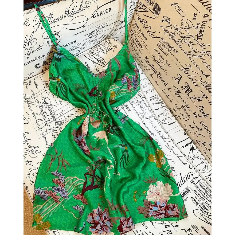 ZARA Green Floral Slip Mini Dress NWT – V-Neck Ruched Tie Spaghetti Strap, SZ M - Picture 15 of 16